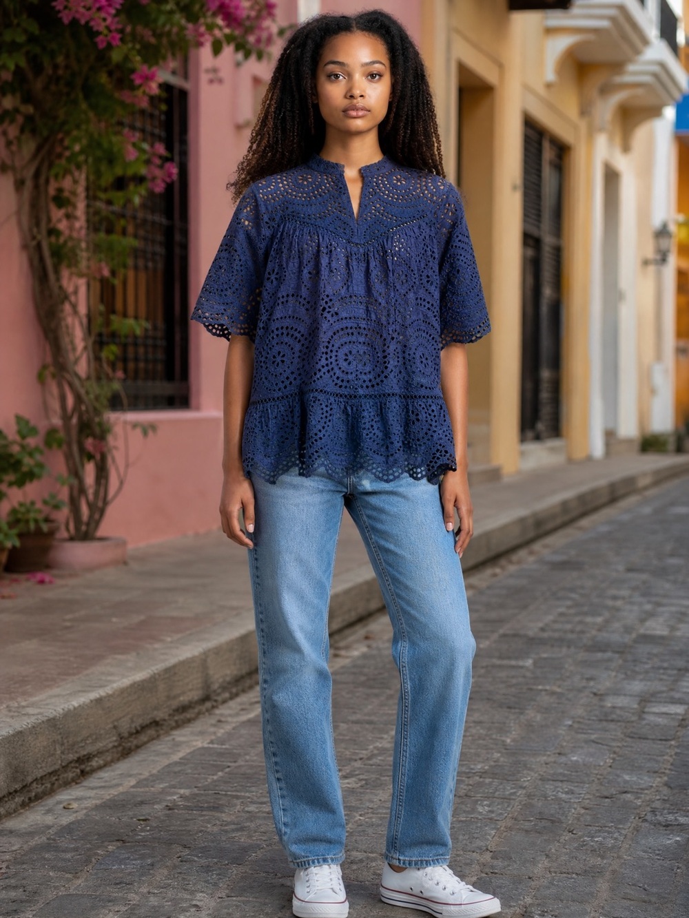 Zimmermann Navy Eyelet Peasant Top